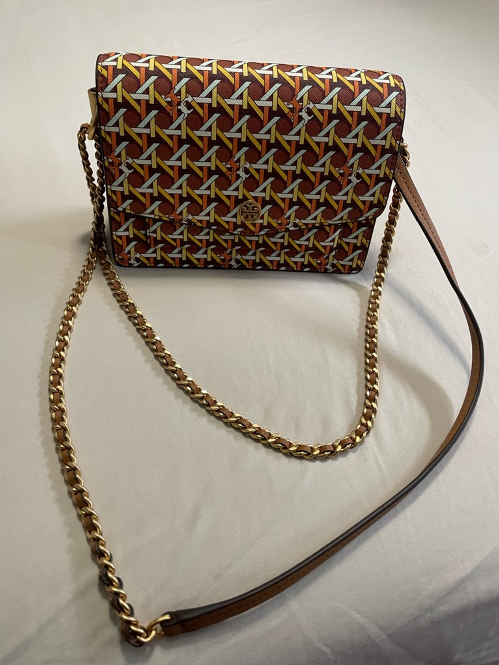 Tory Burch Brown, Yellow & Cream Geometric Chain-Shoulder Crossbody